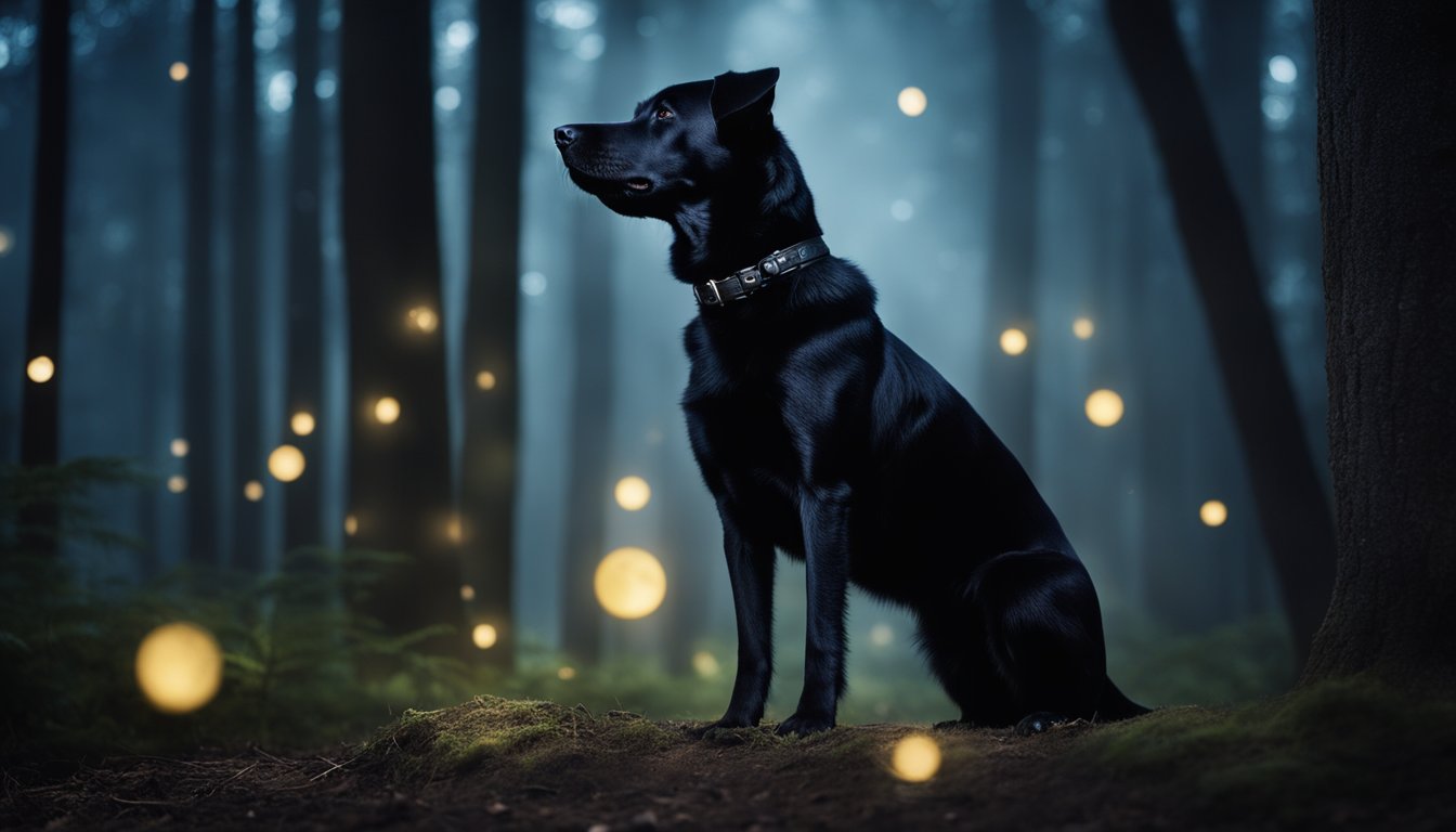 A black dog stands in a moonlit forest, surrounded by shadows and symbols of dreams