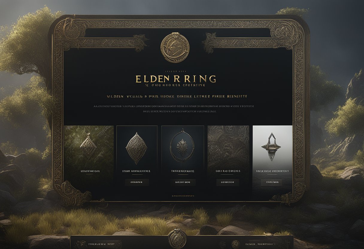 A website page displaying Elden Ring pre-order details with benefits included, featuring the game's logo and artwork of the Erdtree
