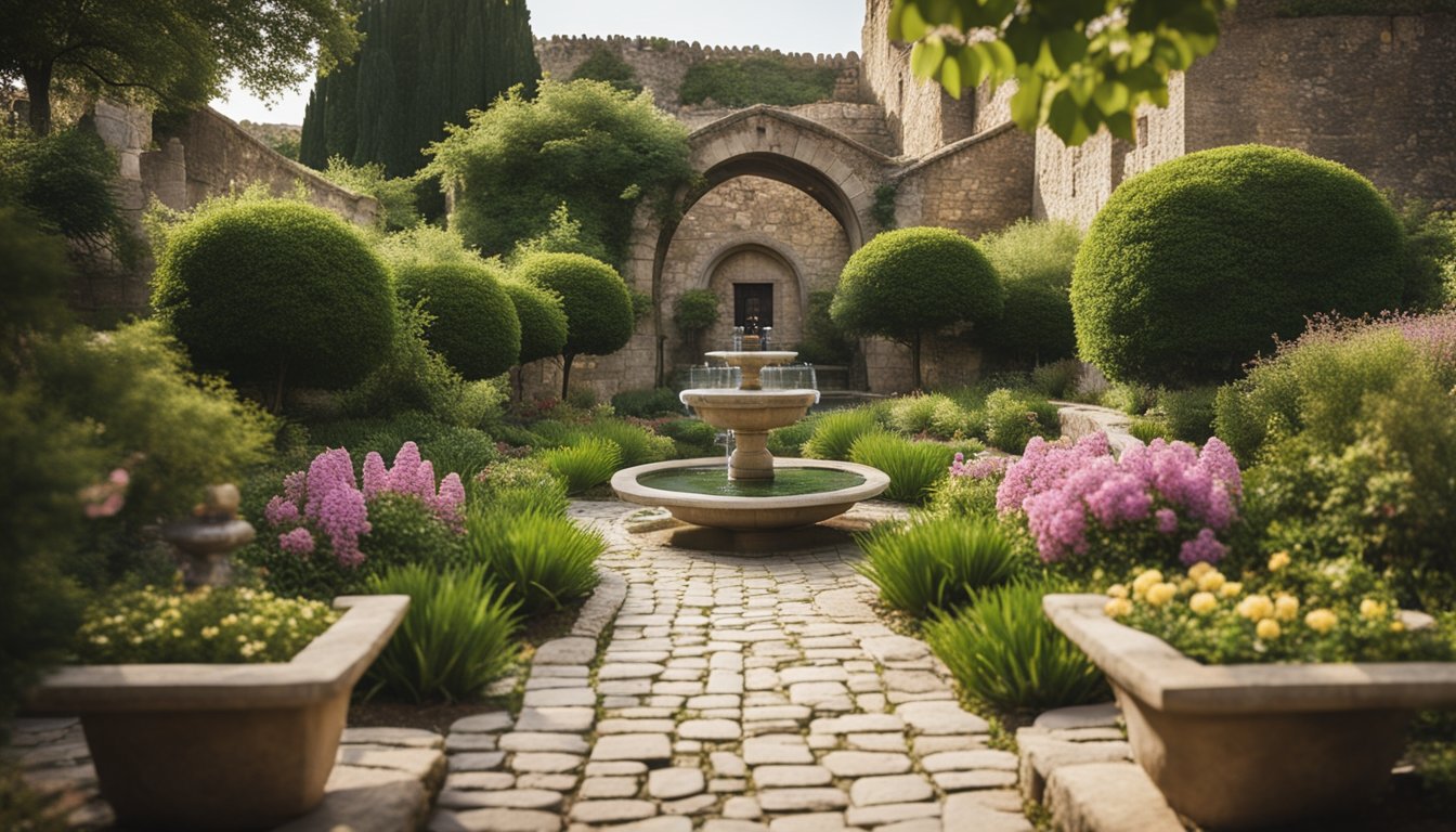 A peaceful monastery garden with a winding path, blooming flowers, and a tranquil fountain, surrounded by ancient stone walls and lush greenery