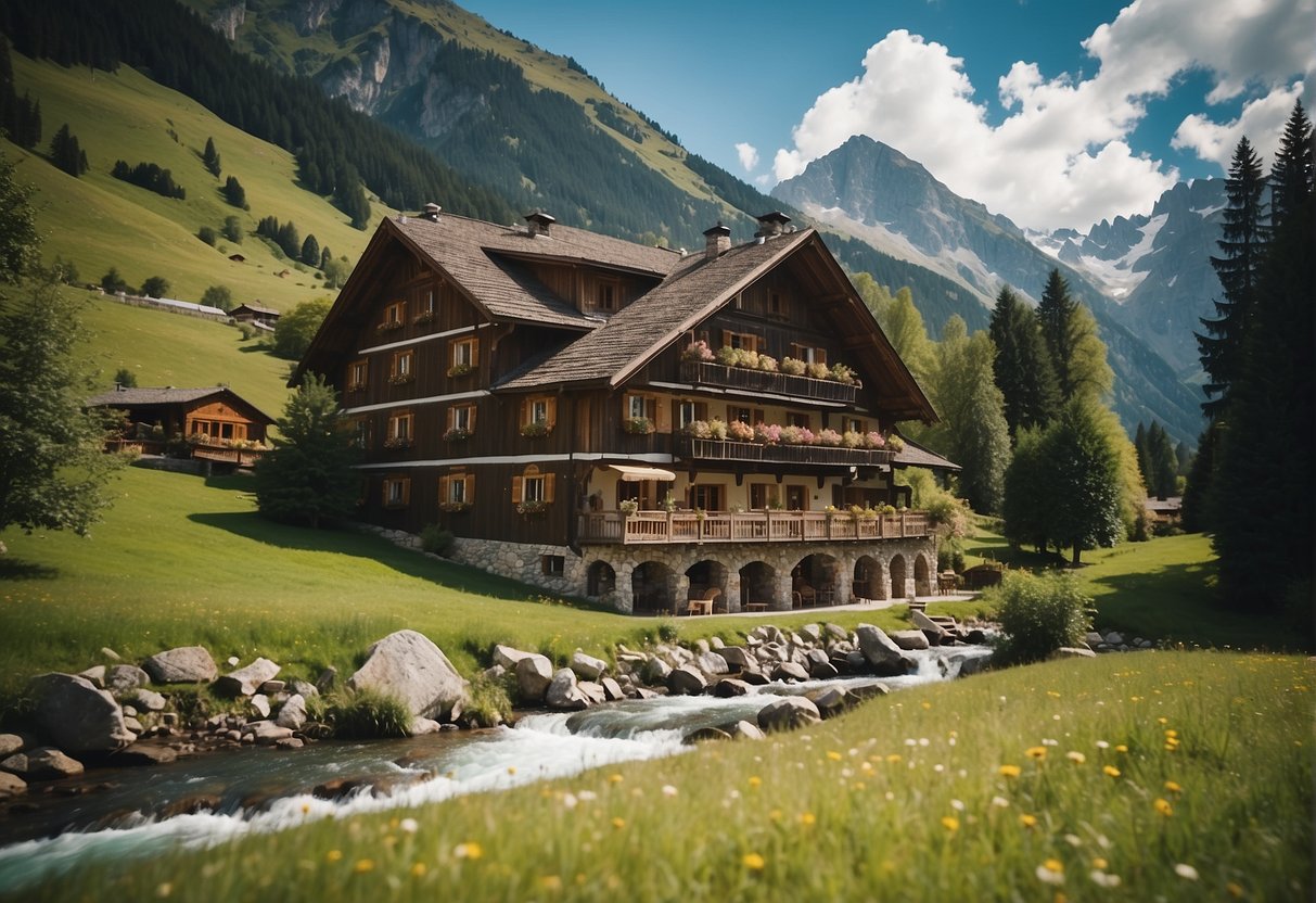 A traditional alpine inn nestled in a picturesque valley, surrounded by lush green meadows and towering mountains, with a clear mountain stream flowing nearby