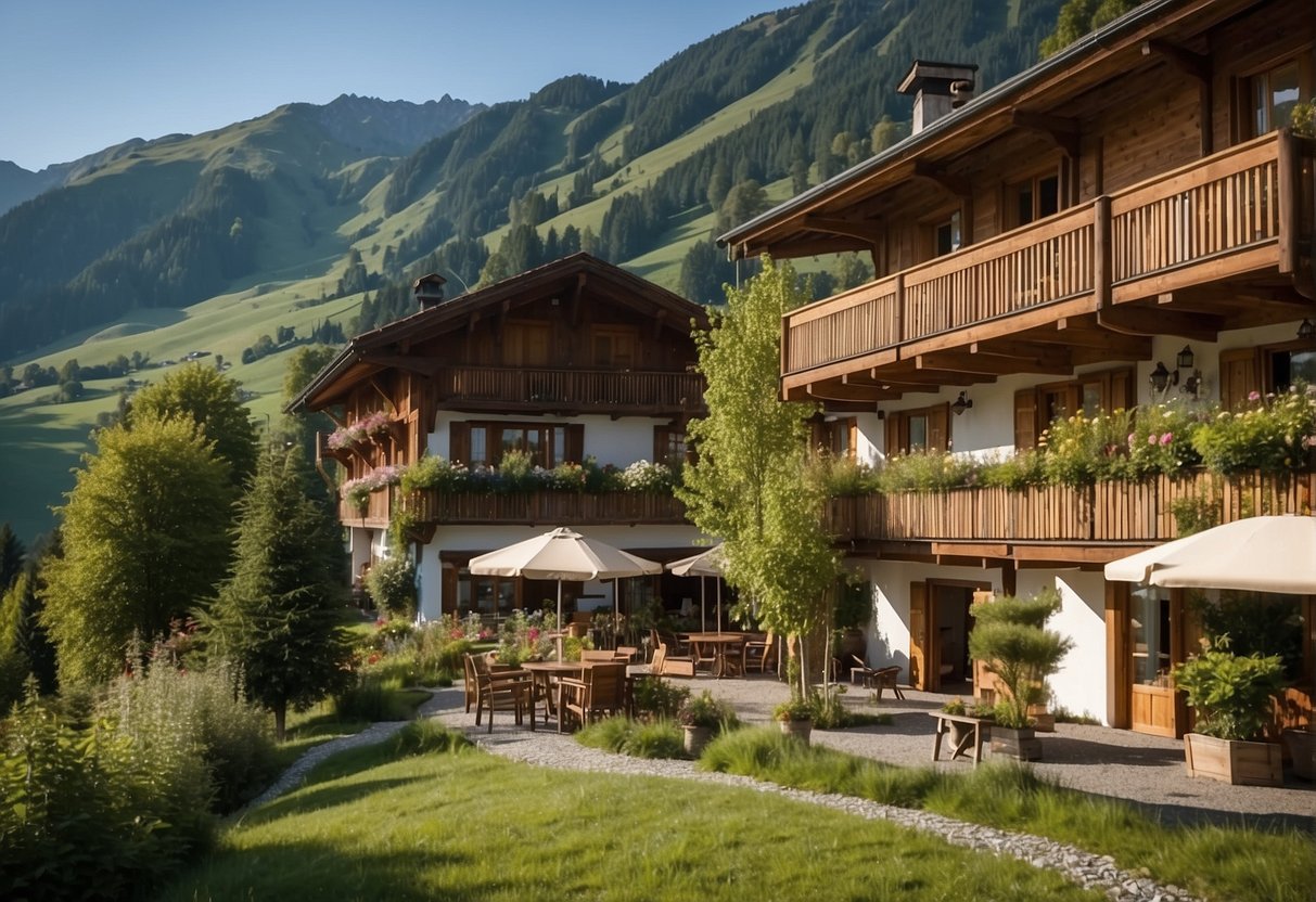 A serene mountain landscape with a cozy alpine inn nestled among lush greenery, surrounded by rolling hills and a clear blue sky in Sonntag, Vorarlberg