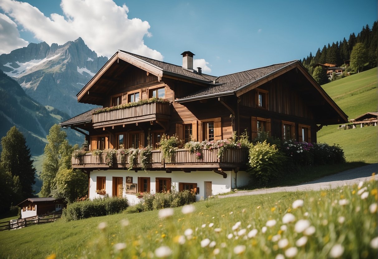 A picturesque alpine guesthouse in Sonntag, Vorarlberg, surrounded by the majestic mountains and lush greenery, perfect for a special occasion vacation