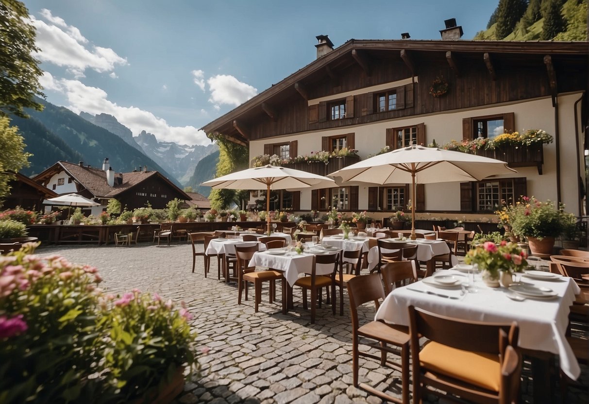 The scene depicts a historic alpine inn in Bad Rothenbrunnen, Sonntag, Vorarlberg. Surrounding cultural and historical sites are visible in the background