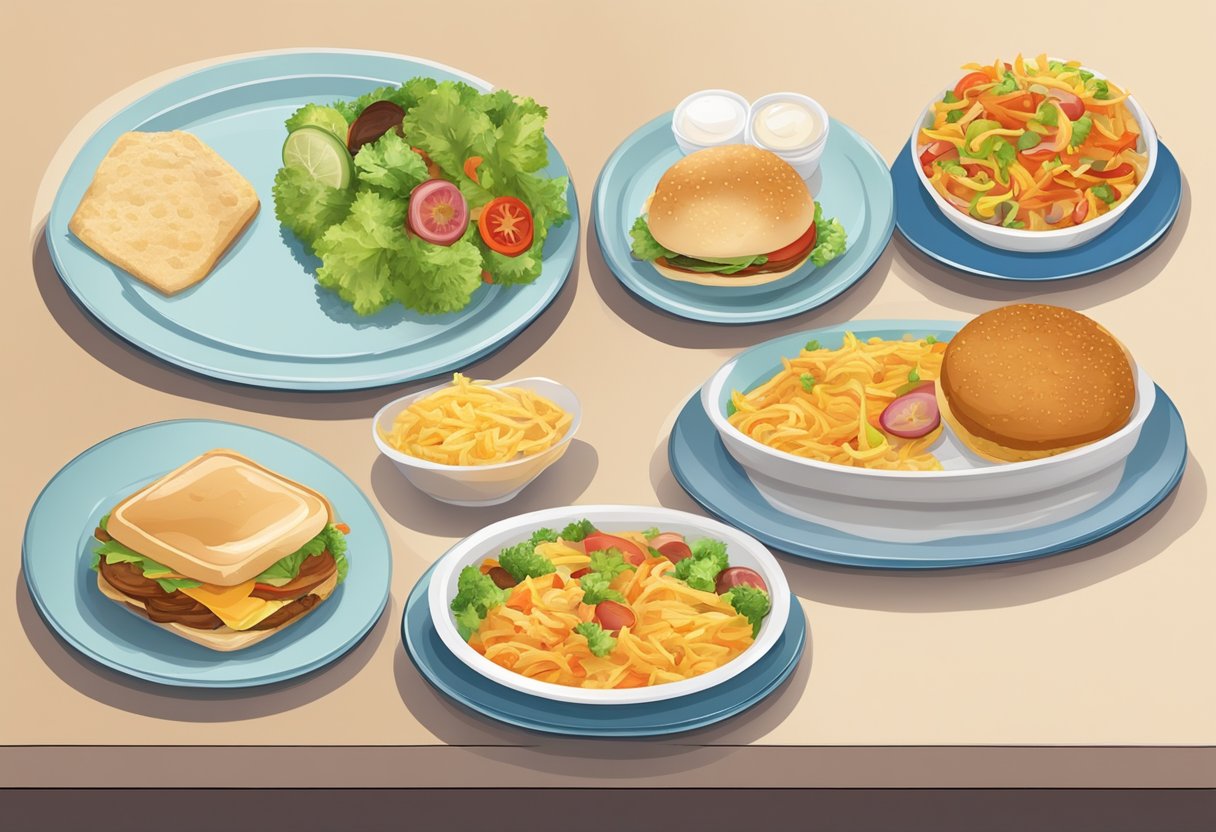 A table with four distinct plates: one with a balanced meal, one with fast food, one with a large portion, and one with a small portion