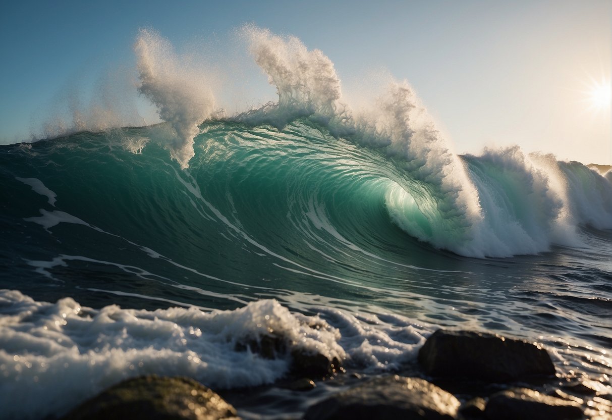 The powerful wave crashes against the rocky shore, sending spray and foam into the air. The water churns and swirls, creating a mesmerizing display of energy and force