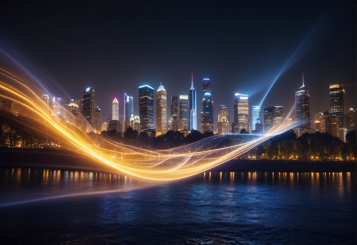 A vibrant wave of energy surges through a city skyline, illuminating buildings and sparking a sense of transformation and innovation