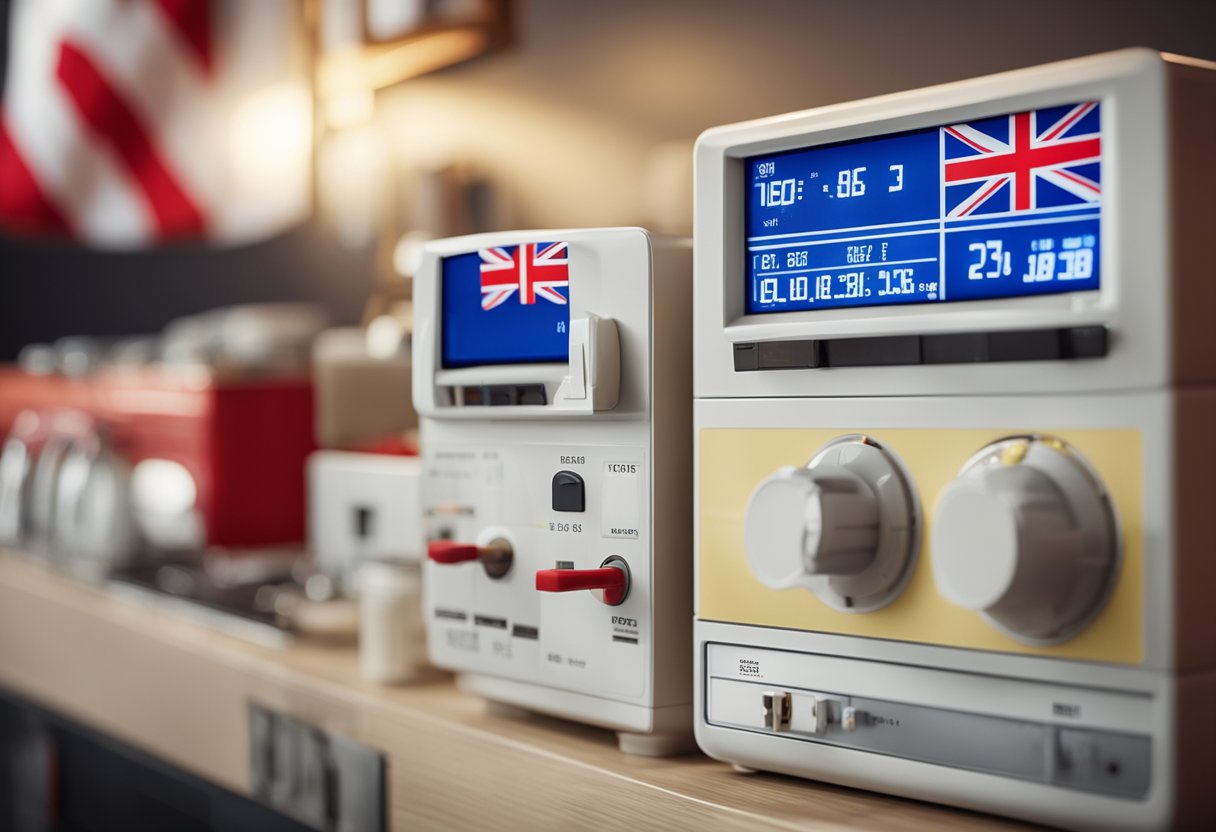 The scene depicts a Danish household with electrical appliances running, a meter displaying current electricity prices, and a Danish flag in the background