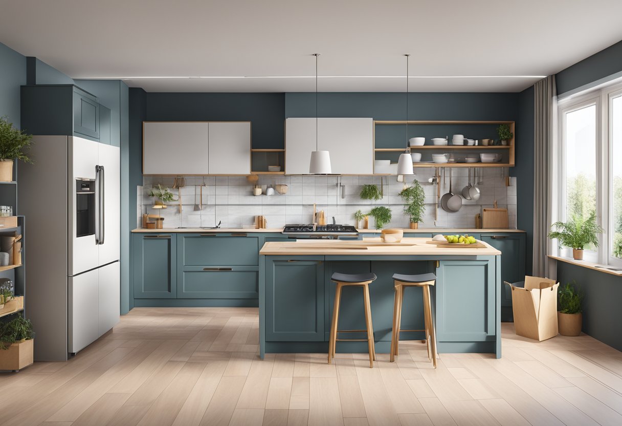 Eine Küche wird in Wien zusammengebaut. Schränke und Geräte werden in einem modernen Raum installiert