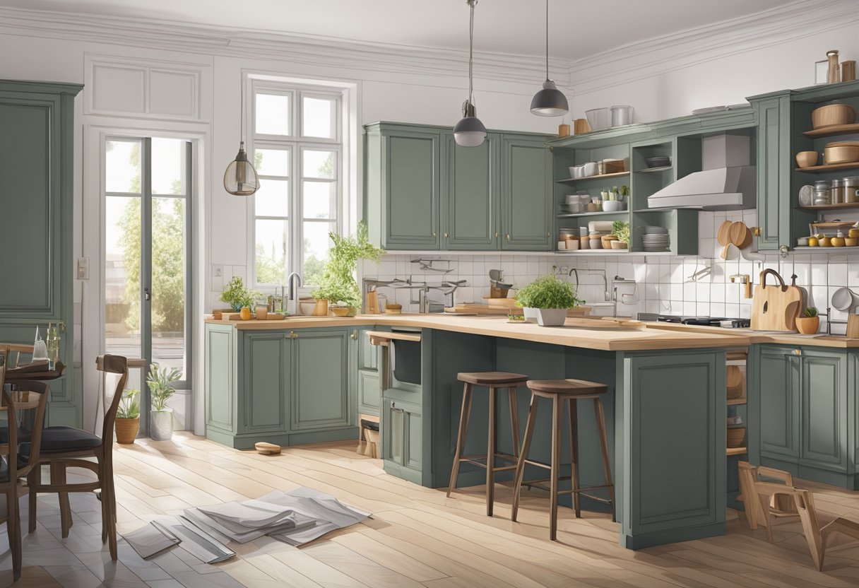 In Wien wird eine Küche mit verstreuten Werkzeugen und Materialien zusammengebaut