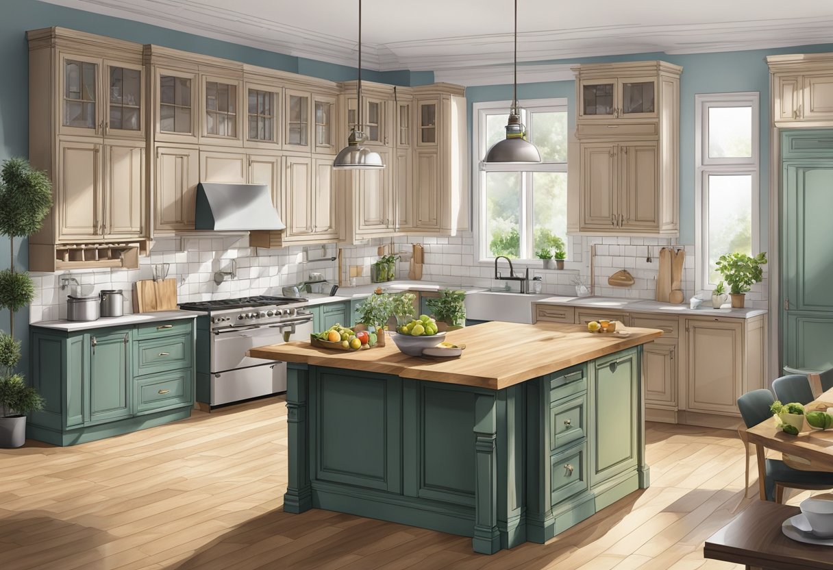 Eine Küche, die in Wien zusammengebaut wird, mit verstreuten Werkzeugen und Schränken