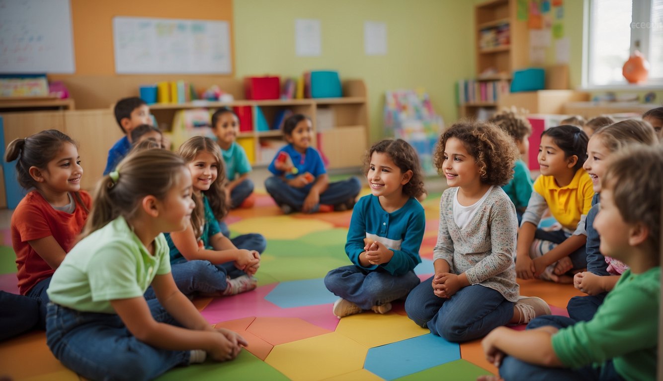 A colorful classroom with children sitting in a circle, reciting parlendas with enthusiasm. Educational materials and visual aids are displayed around the room