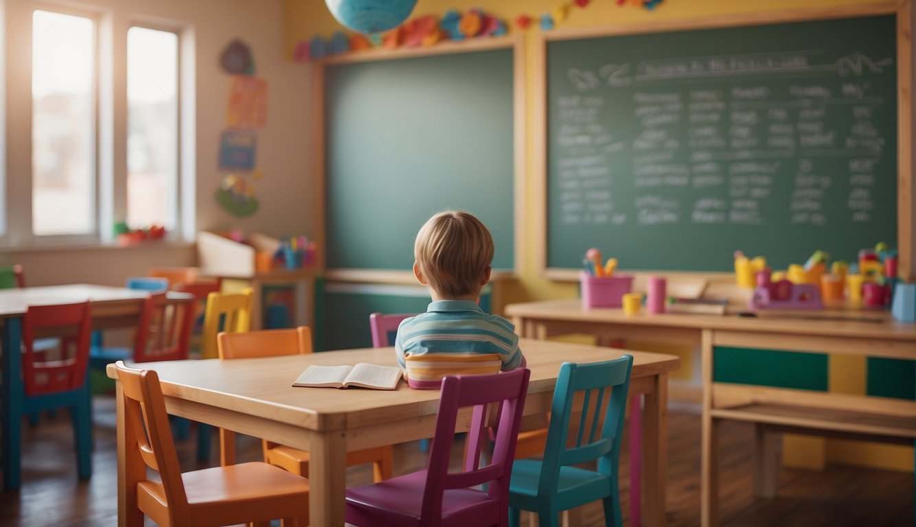 A colorful classroom with a chalkboard displaying a lesson plan on "parlendas" for preschoolers, surrounded by educational materials and playful decorations