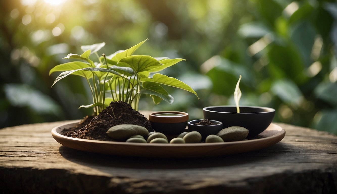 A tranquil scene with kava plants, serene atmosphere, and a sense of relaxation
