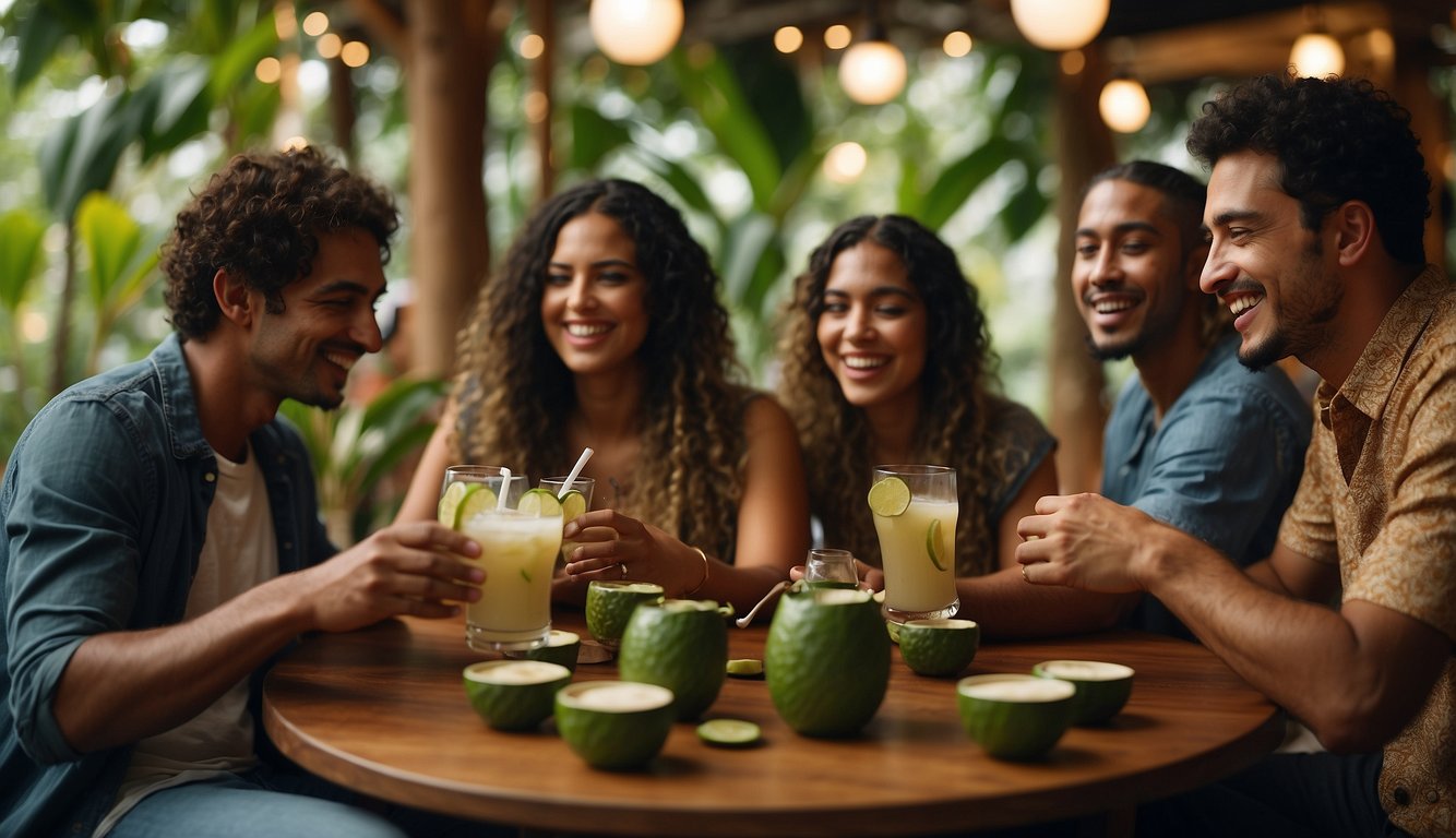 A group of people socializing and enjoying kava kava drinks in a relaxed and cheerful atmosphere