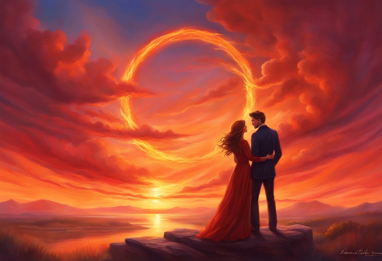 A fiery sunset illuminates two intertwined flames, symbolizing the intense and passionate connection between Bonnie and Clyde as twin flames