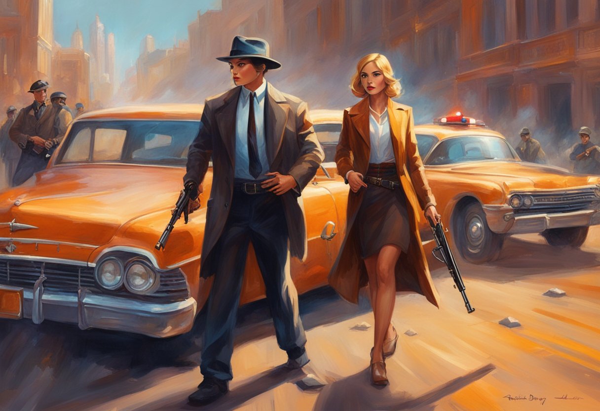 Bonnie and Clyde stand back to back, guns drawn, surrounded by a flurry of police cars and officers. The tension between them is palpable, their connection undeniable