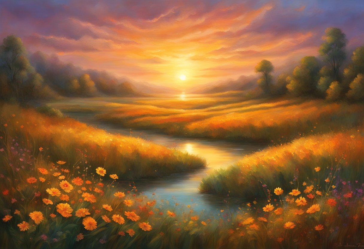 A sunset casts a warm, golden glow over a serene meadow. Two intertwining flames dance in the air, symbolizing the deep spiritual connection between Bonnie and Clyde