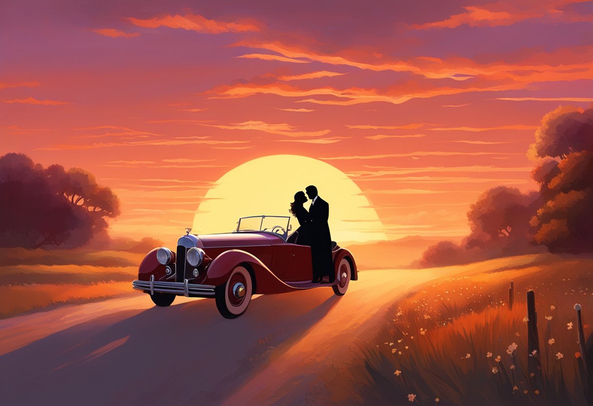 A vintage car speeds through the countryside, leaving a trail of dust in its wake. The sun sets behind a silhouette of two figures embracing, their love immortalized in the glow of the twilight