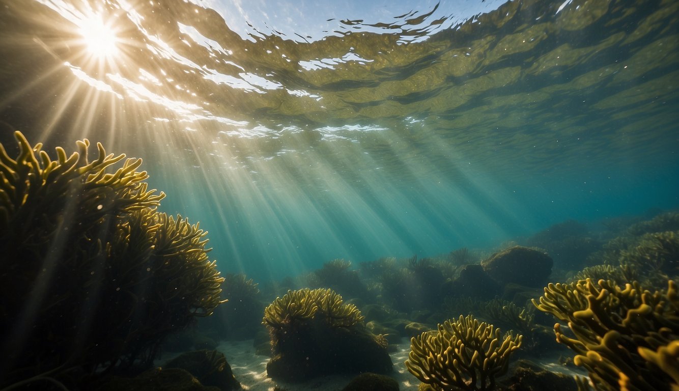 Sunlight filters through the clear ocean water, illuminating the vast kelp forests swaying gently in the currents. The kelp provides a habitat for diverse marine life and acts as a natural carbon sink, benefiting the environment