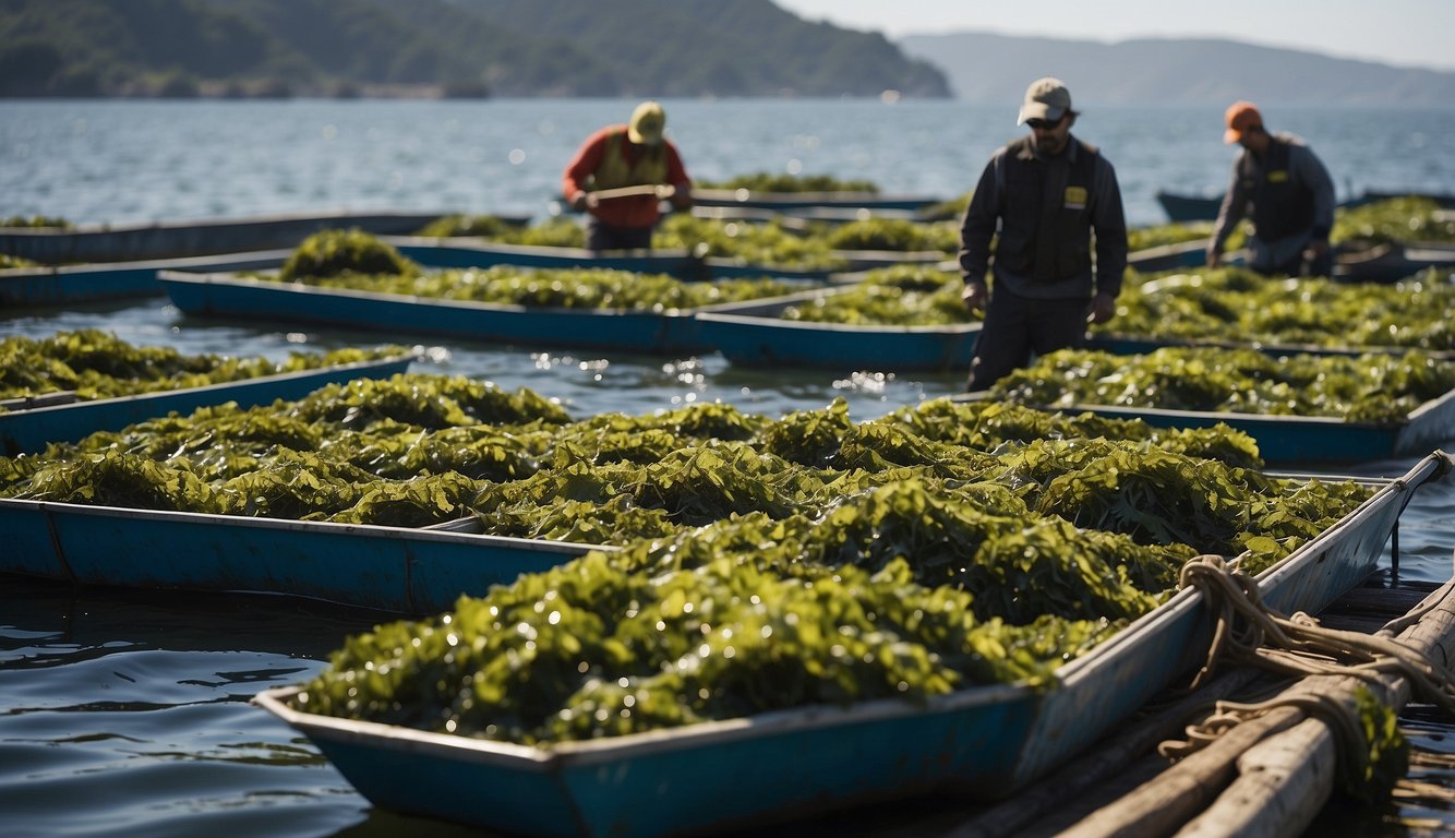 Kelp farms thrive in coastal waters. Workers tend to rows of floating platforms, harvesting the rich green seaweed. Boats transport the bounty to processing facilities
