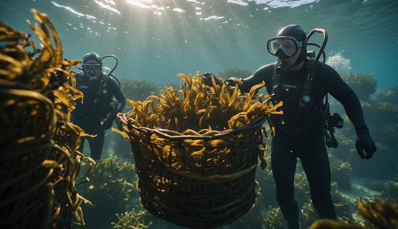 Kelp sways in ocean currents, anchored to underwater farms. Workers harvest mature plants with long blades, collecting them in baskets