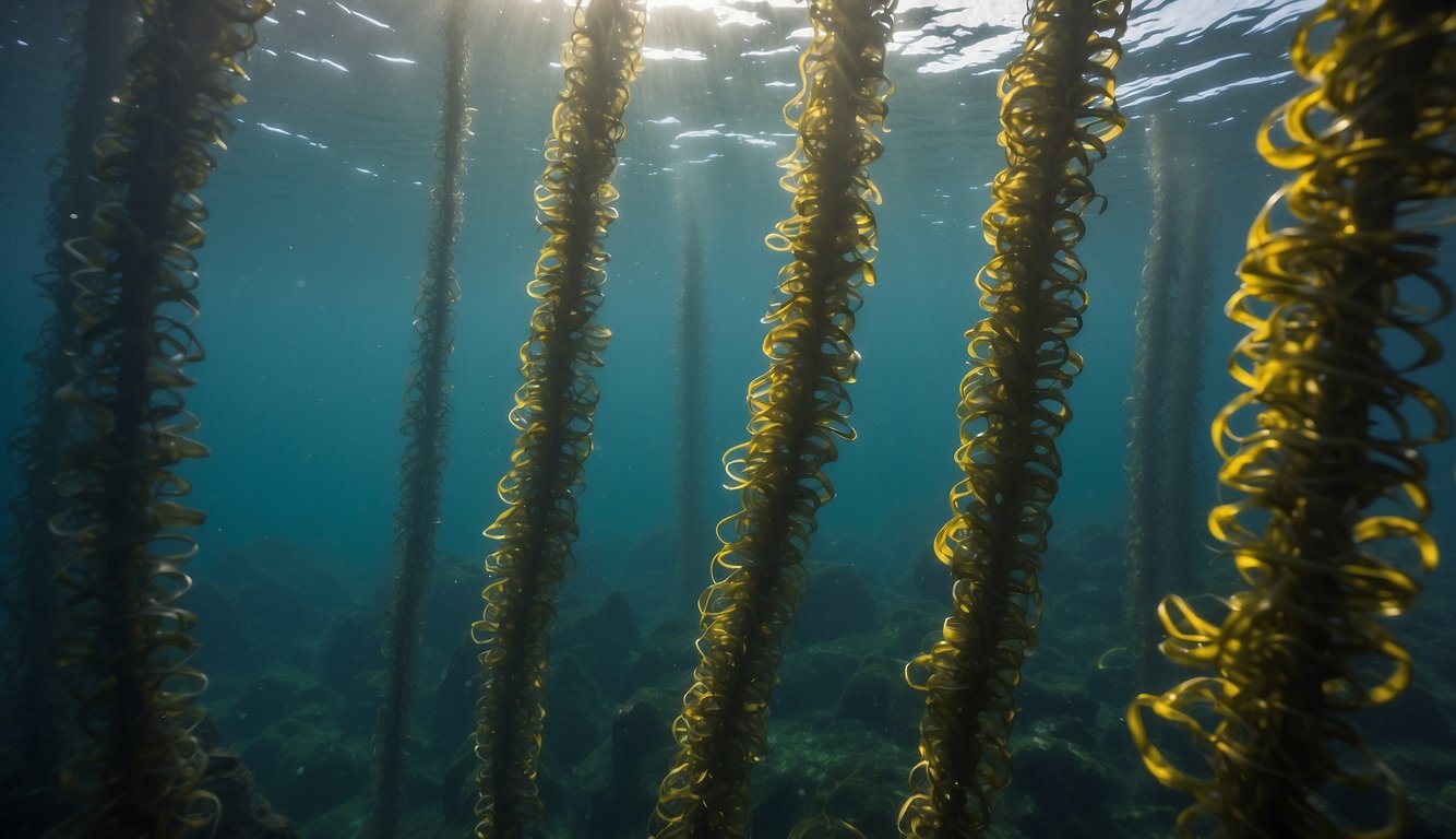 Lush kelp forests sway gently in the clear ocean waters, as sturdy ropes and buoys support floating kelp farms, providing a sustainable resource for various industries