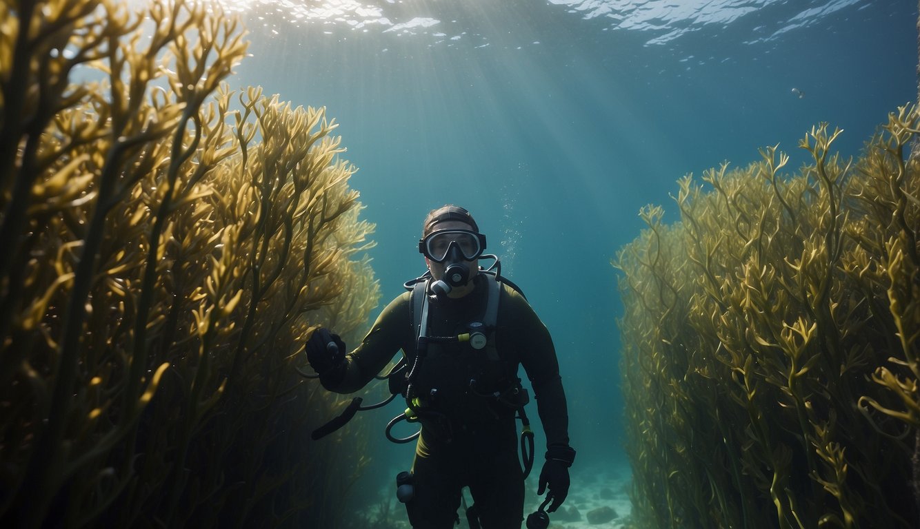 Kelp farm workers tend to the underwater crops, monitoring growth and collecting data for research