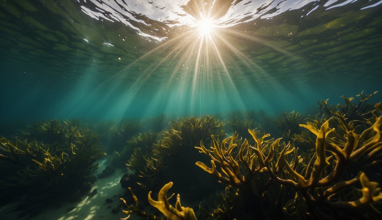 The kelp farms sway gently in the ocean currents, their long, leafy fronds creating a lush underwater forest. Rays of sunlight filter through the water, illuminating the vibrant green and brown hues of the kelp