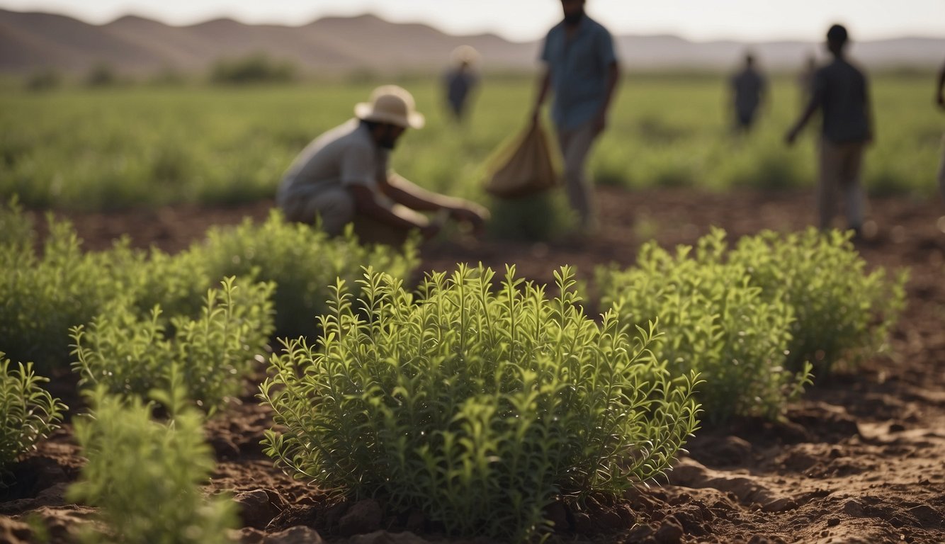 A field of licorice plants growing in the ancient Middle East, with people harvesting the roots for medicinal use