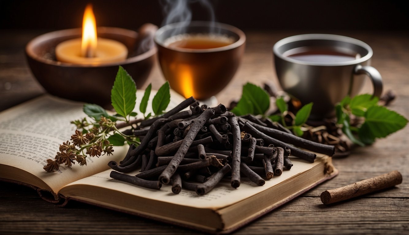 A bundle of licorice roots lies on a wooden table, with a mortar and pestle nearby. A steaming cup of licorice tea sits next to a book open to a page about the benefits of licorice root