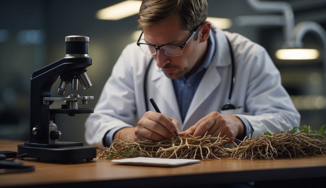 A scientist examines licorice root with a microscope and takes notes on its benefits