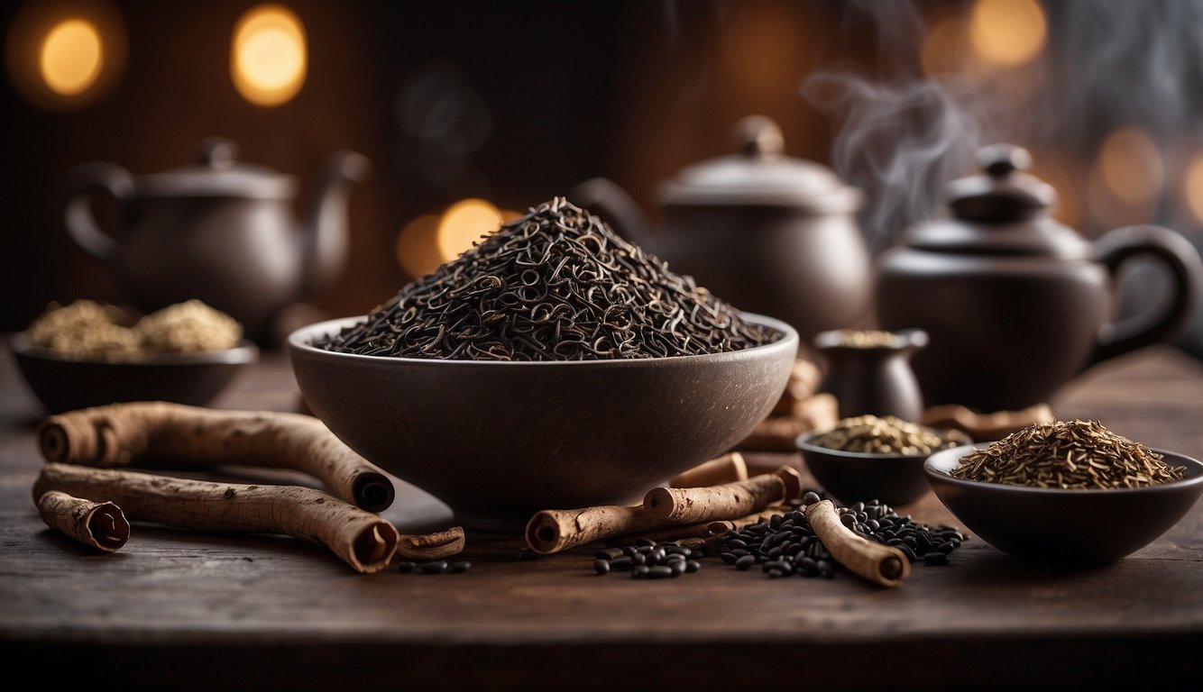 Licorice roots arranged in a neat row, with a mortar and pestle nearby. A steaming cup of licorice tea sits on the table