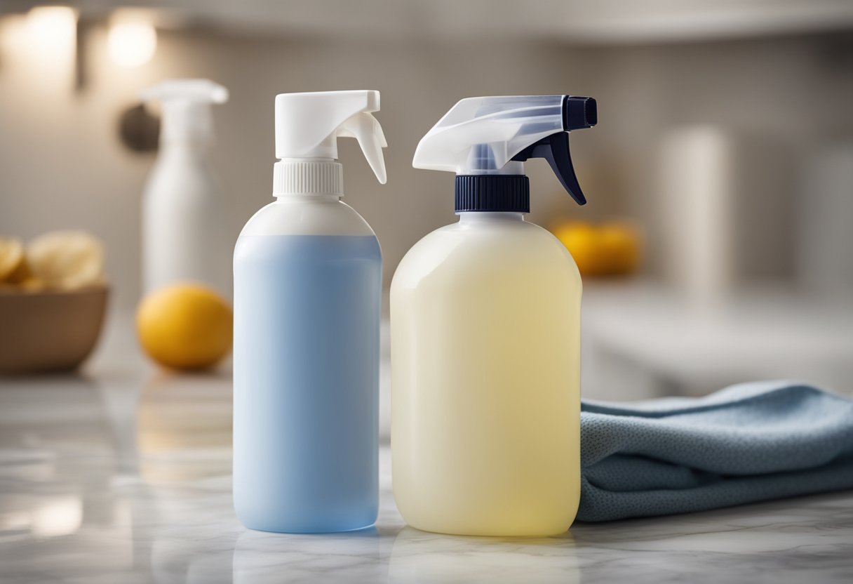 A bottle of marble cleaner and a soft cloth on a stained marble surface