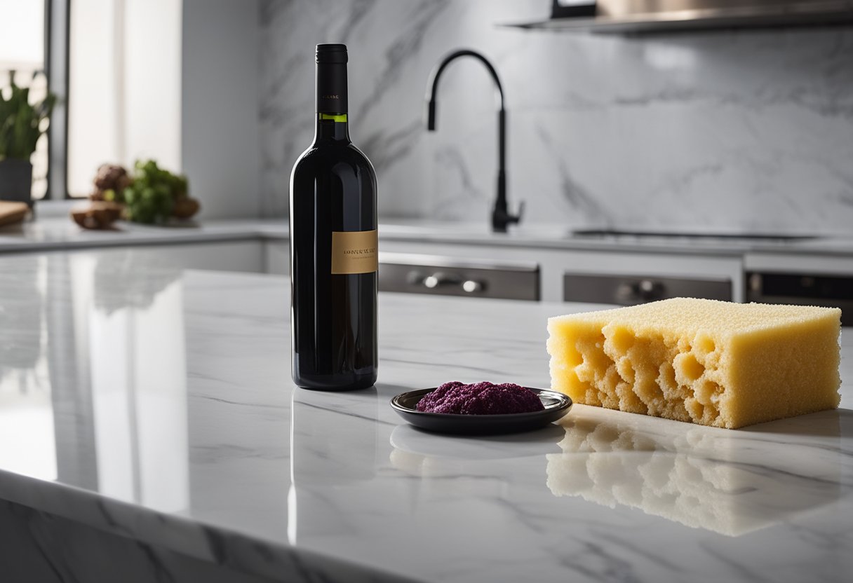 A sponge wipes away a red wine spill on a marble countertop. A bottle of marble cleaner sits nearby
