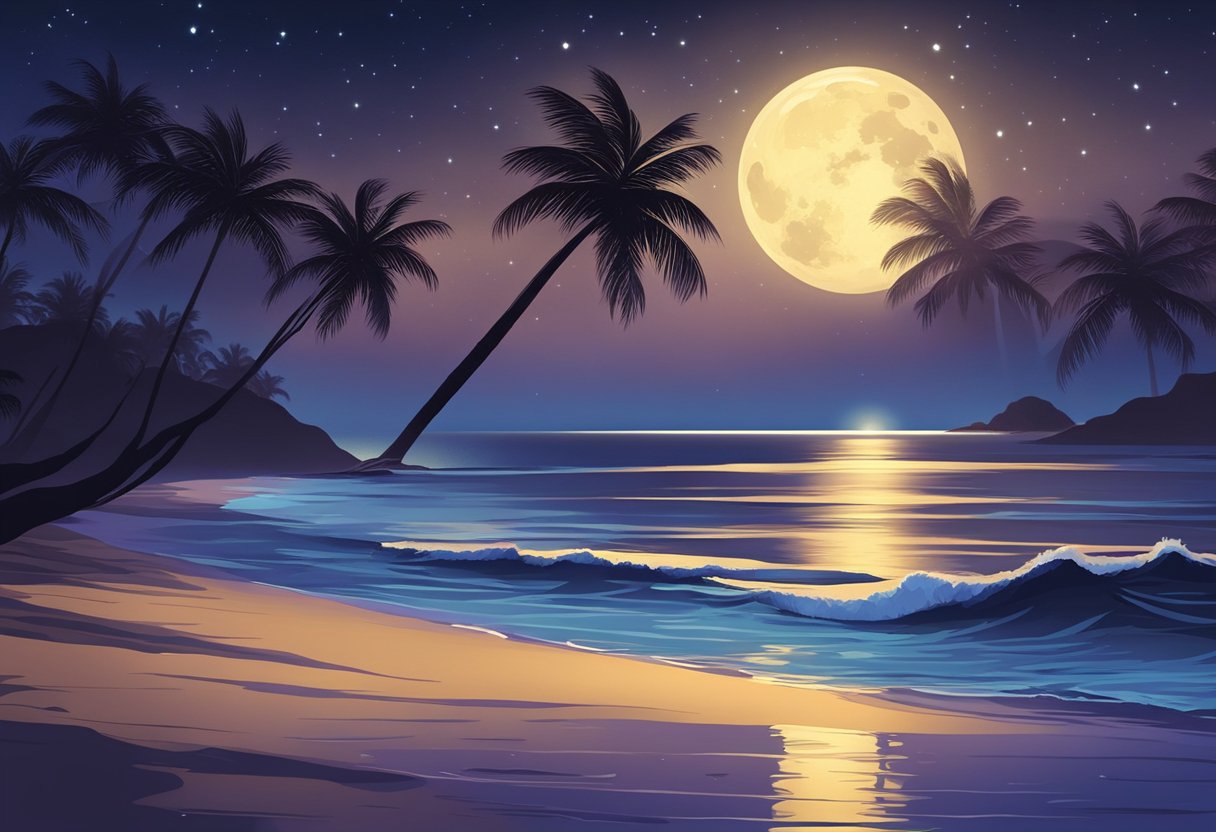 A moonlit beach with a shimmering sea, palm trees swaying in the breeze, and a mysterious figure silhouetted against the night sky