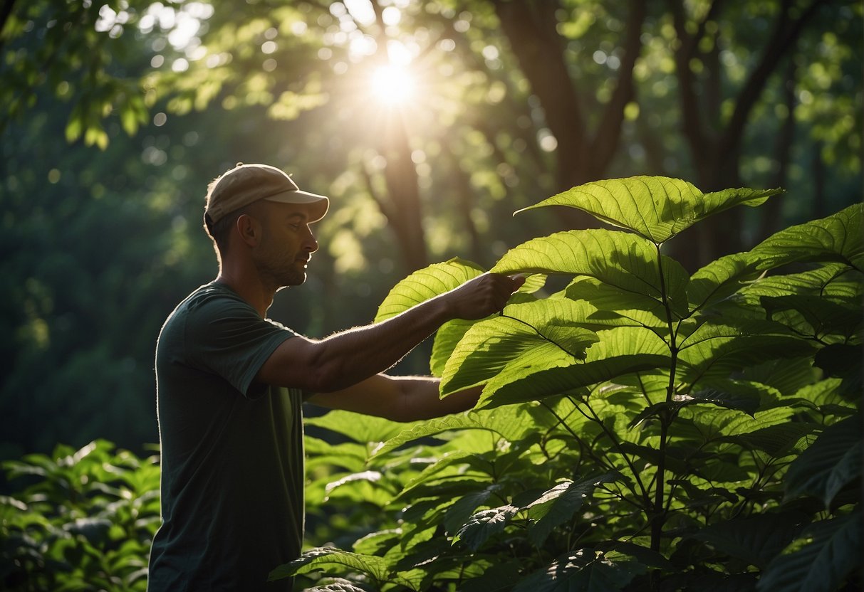 A serene forest with vibrant kratom trees and a person carefully selecting the best leaves. The sun shines through the canopy, casting dappled light on the lush foliage