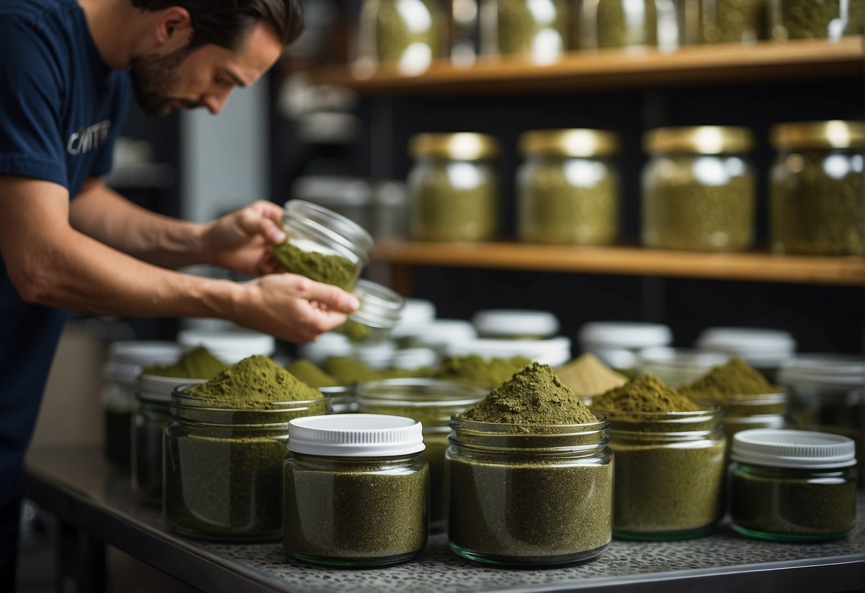 A person carefully measures kratom powder using a scale. Different kratom strains are displayed in labeled jars on a shelf