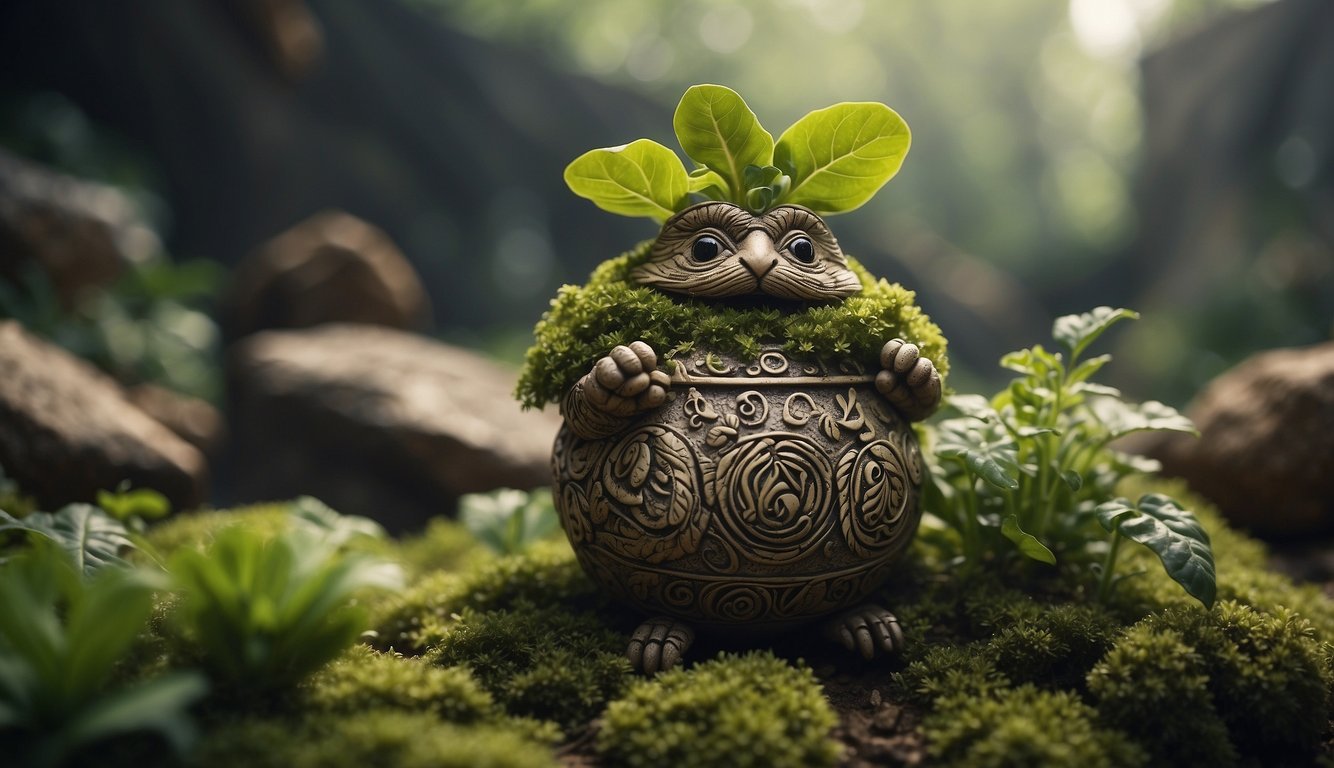 A mandrake plant grows in a mystical forest, surrounded by ancient ruins and symbols of cultural significance