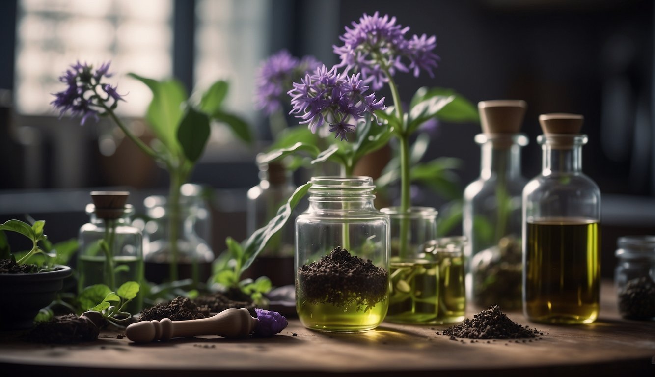 A mandrake plant with green leaves and purple flowers, surrounded by vials of liquid and a mortar and pestle on a laboratory table