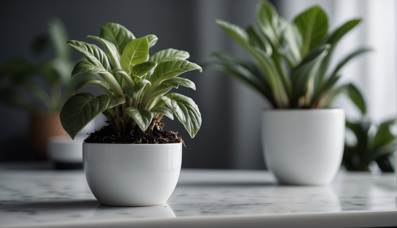 A mandrake plant grows in a sleek, white pot on a minimalist, marble tabletop, surrounded by modern decor and soft, natural light