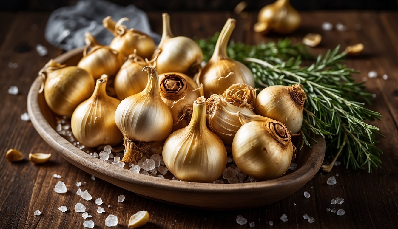 A platter of golden roasted garlic bulbs, glistening with oil, sits on a rustic wooden table, surrounded by sprigs of fresh herbs and a sprinkle of sea salt