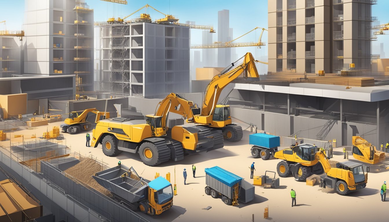 Construction site with workers, equipment, and materials. Cranes and scaffolding in the background. Busy and organized environment