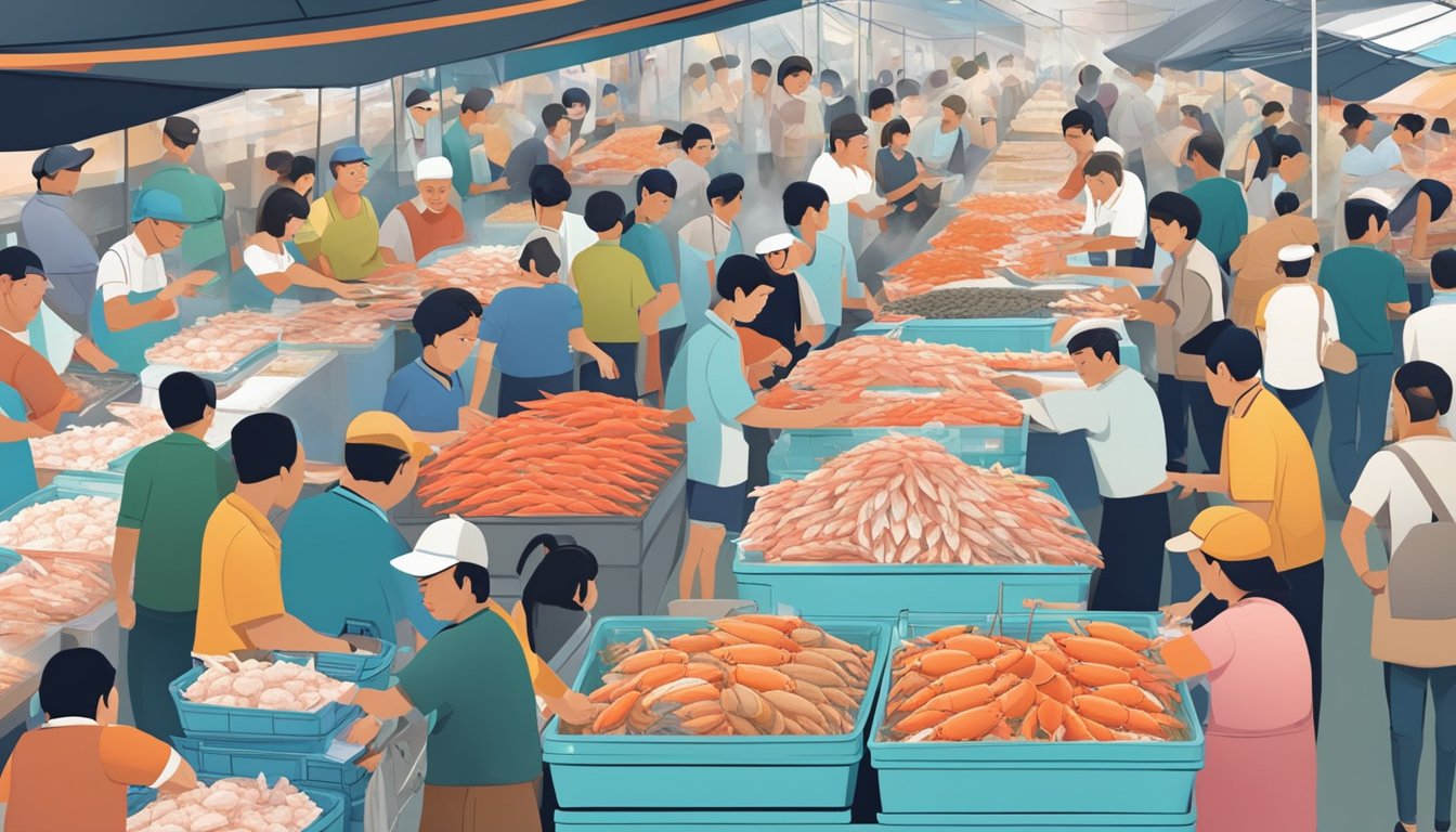 A bustling seafood market in Singapore, with vendors displaying fresh snow crab on ice, surrounded by eager customers