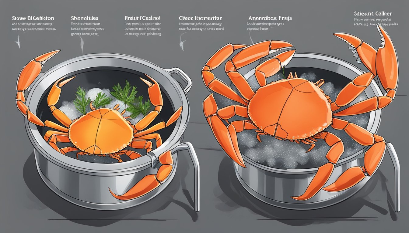 Snow crab being cleaned and cracked open, then placed on a boiling pot. Ingredients like butter and herbs are nearby