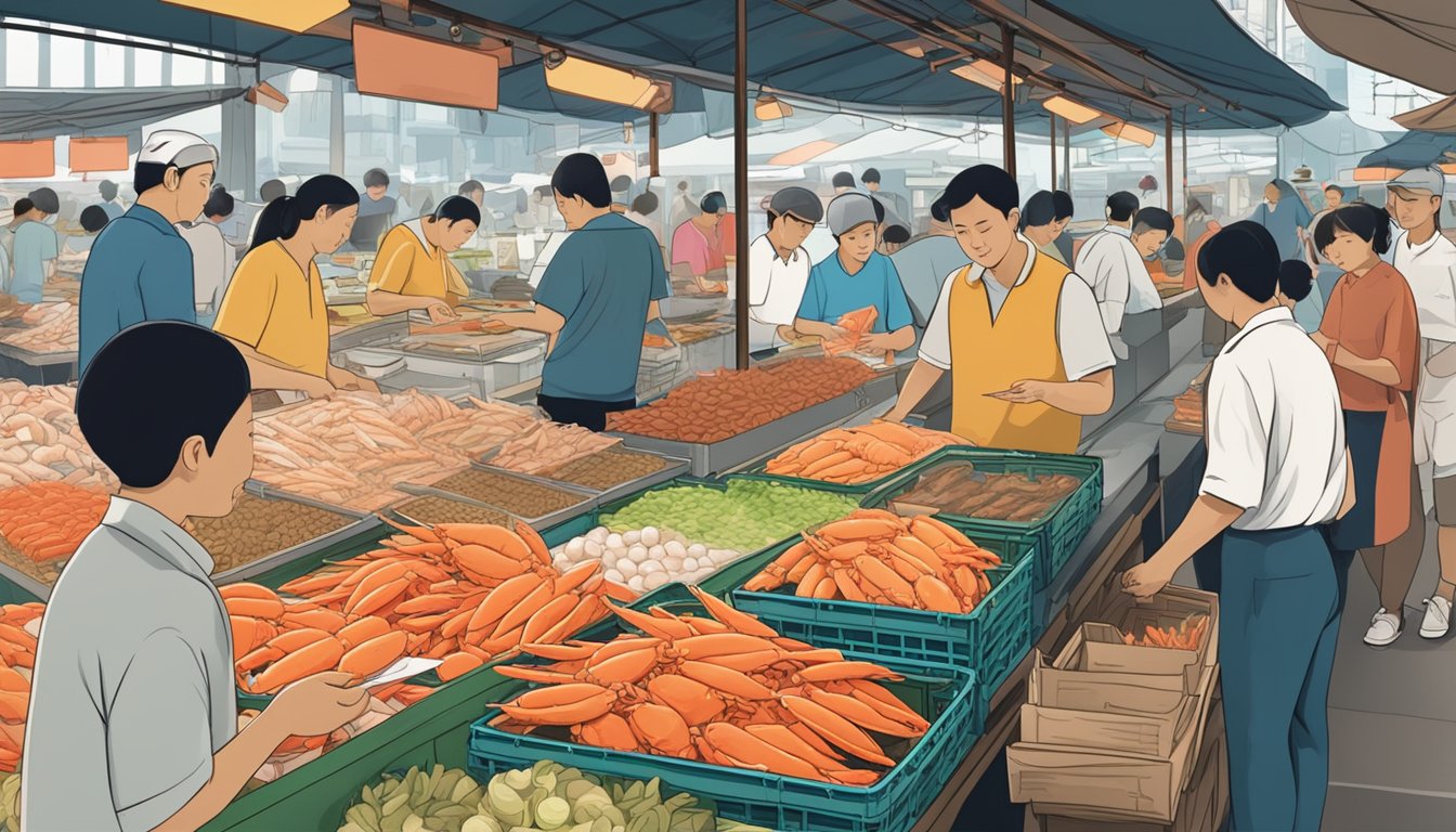 A bustling seafood market in Singapore with vendors selling fresh snow crab, customers browsing, and signs advertising "Frequently Asked Questions: Where to buy snow crab in Singapore."