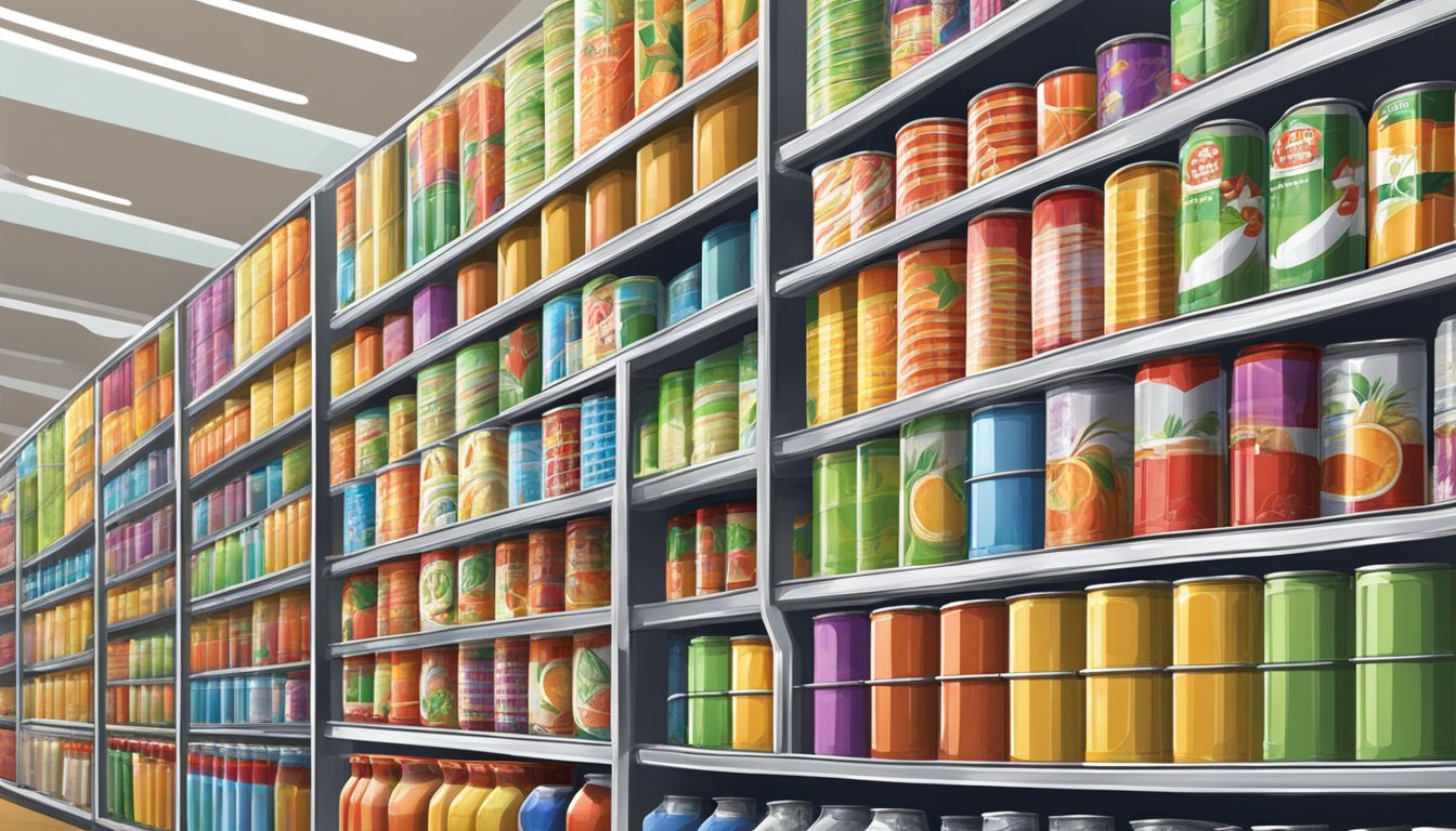 A row of shelves filled with tin cans in a brightly lit grocery store in Singapore