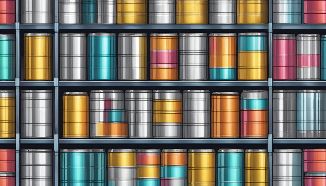 Metallic tin cans stacked on shelves in a Singaporean supplier's warehouse. Brightly lit, organized rows of various sizes and designs