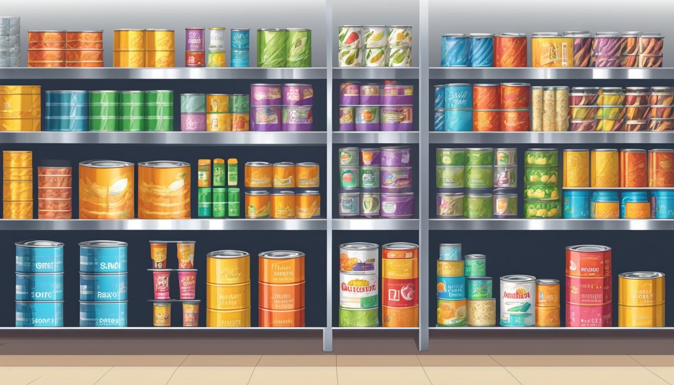 Various tin cans displayed on shelves in a store. Labels indicate different sizes and styles. Bright, clean environment. Singaporean store signage visible