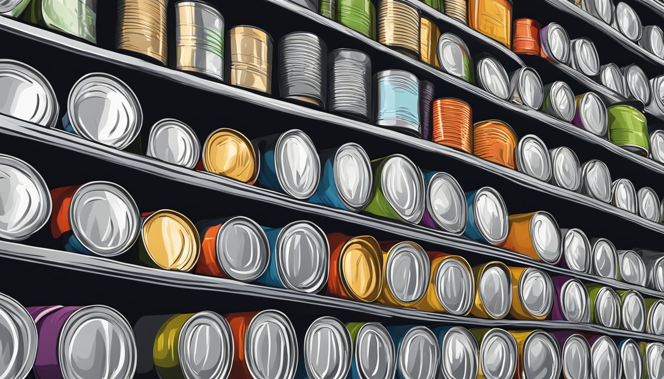 A stack of tin cans on a shelf in a grocery store in Singapore