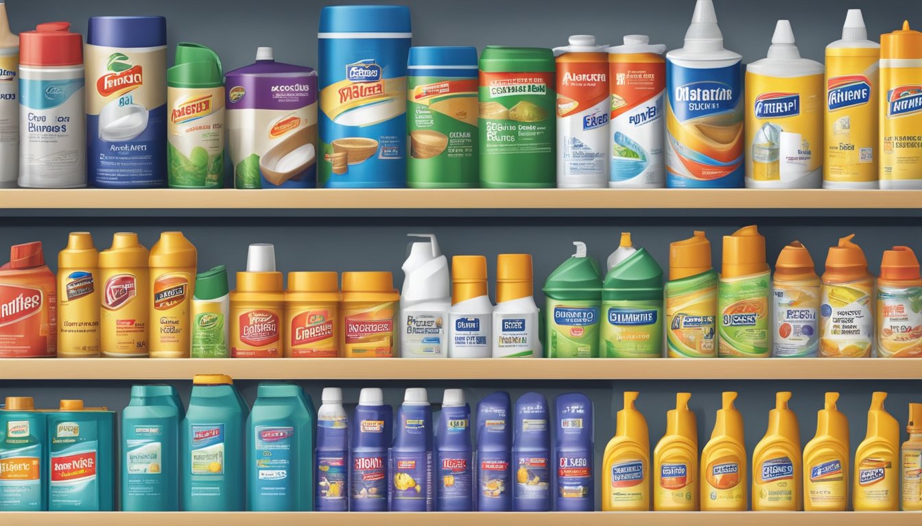 A hardware store shelf displays various brands of wallpaper glue in Singapore